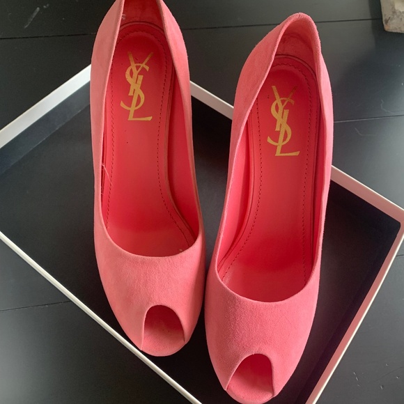 Yves Saint Laurent YSL Palais 80 Suede Sugar Pink Peep-Toe  Pumps size 38.5 - Picture 1 of 7